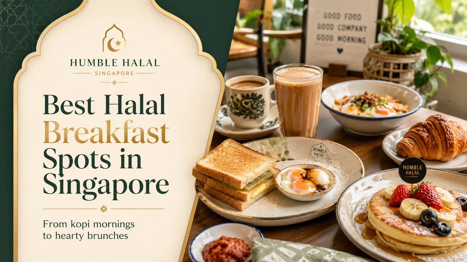 Halal breakfast spread of kaya toast, soft-boiled eggs, teh tarik and pancakes in Singapore