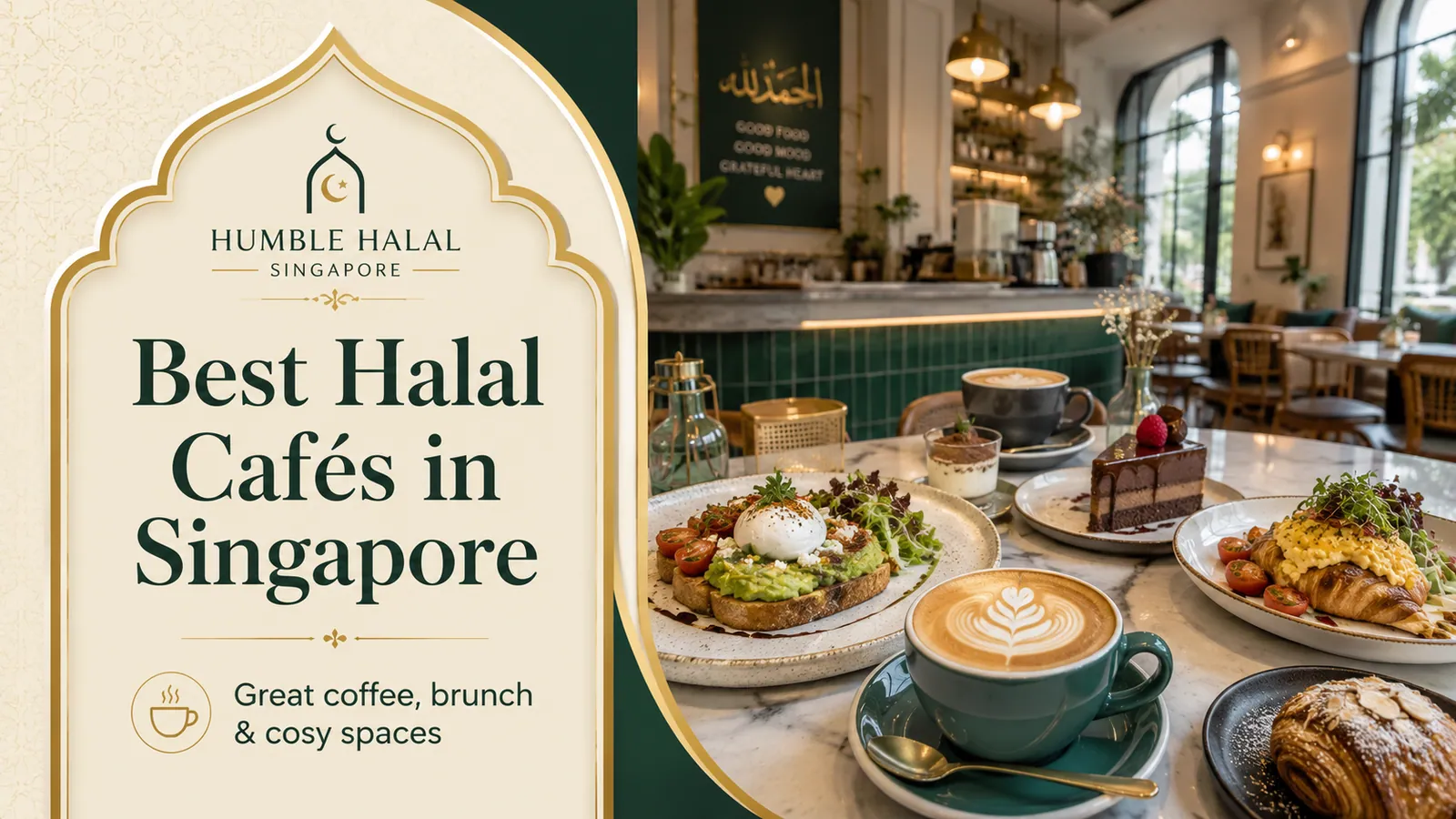 Latte art, brunch plates and cake on a marble table at a halal-friendly café in Singapore