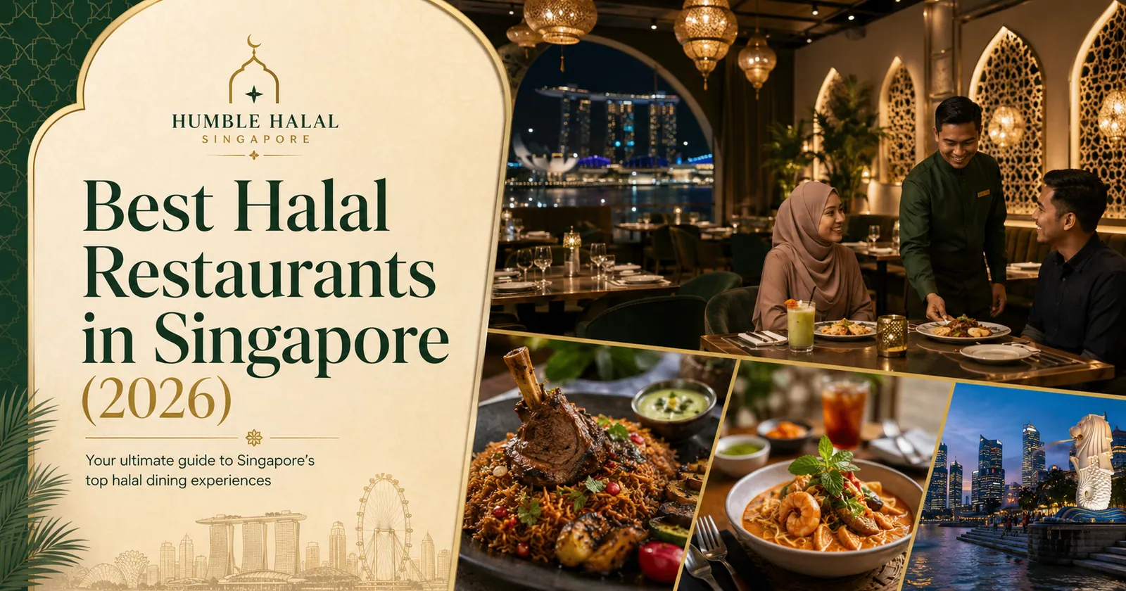 Couple dining at a halal fine-dining restaurant with a Marina Bay view in Singapore