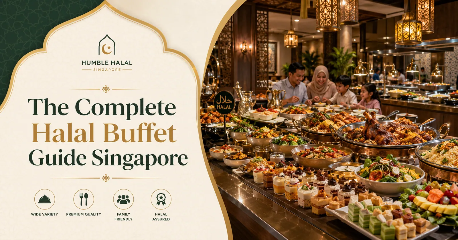 Family at a halal buffet line with a wide spread of dishes in Singapore