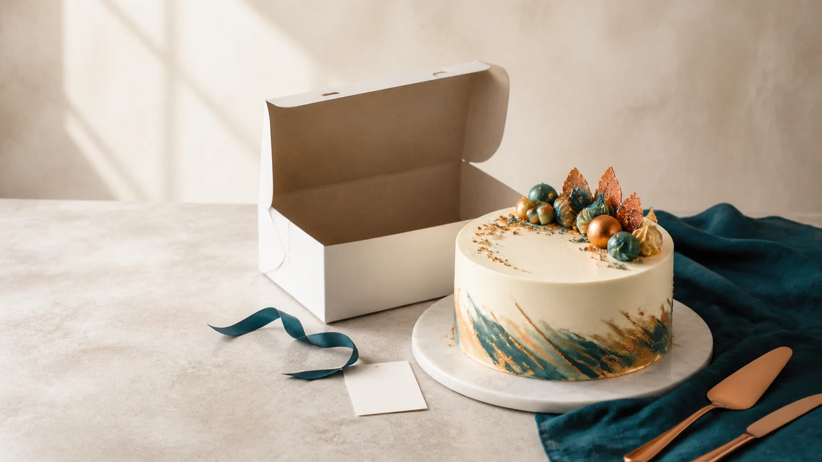 An elegant halal birthday cake boxed for delivery with cream, teal and copper details