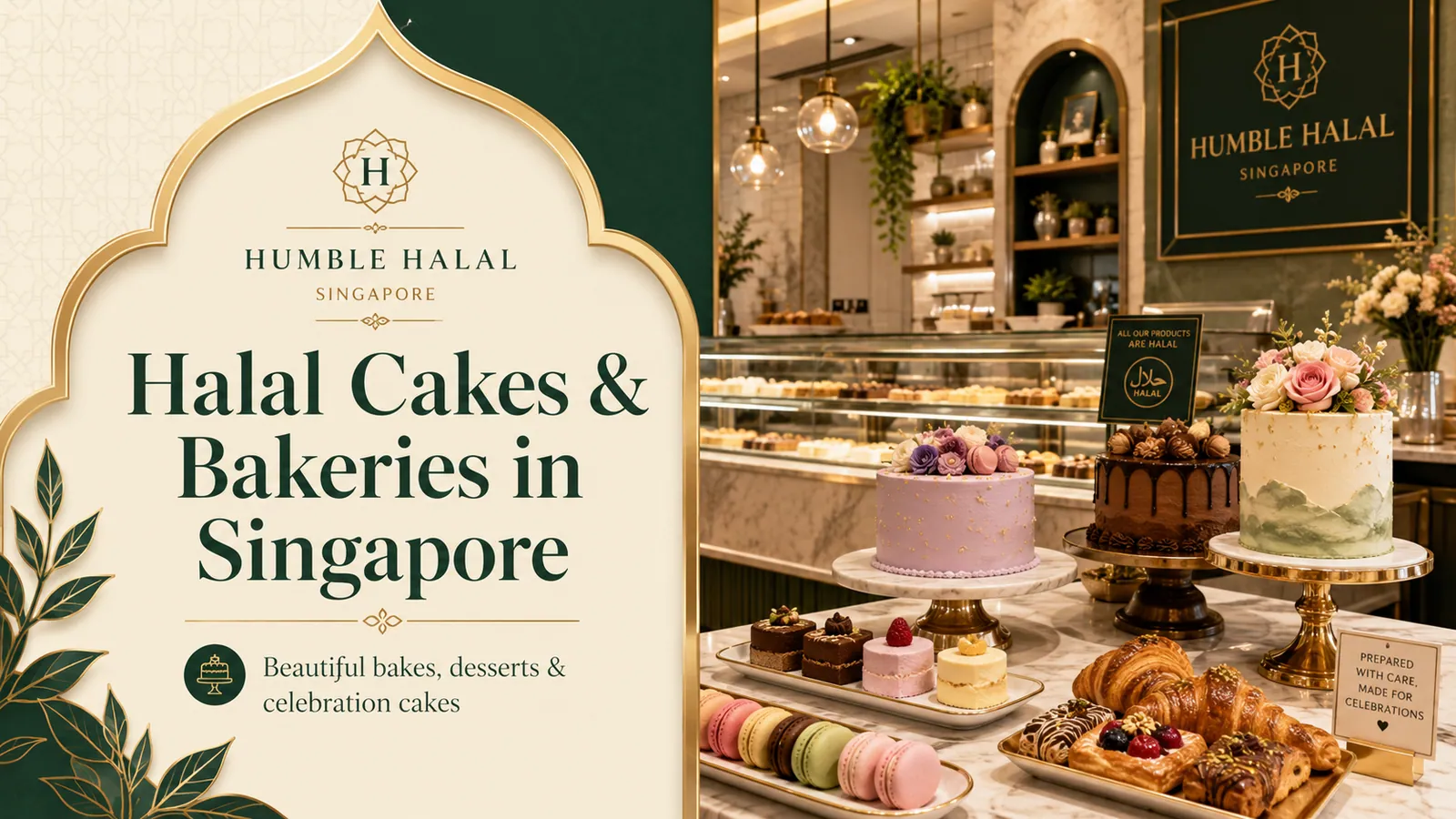 Display of halal celebration cakes, macarons and pastries at a Singapore bakery