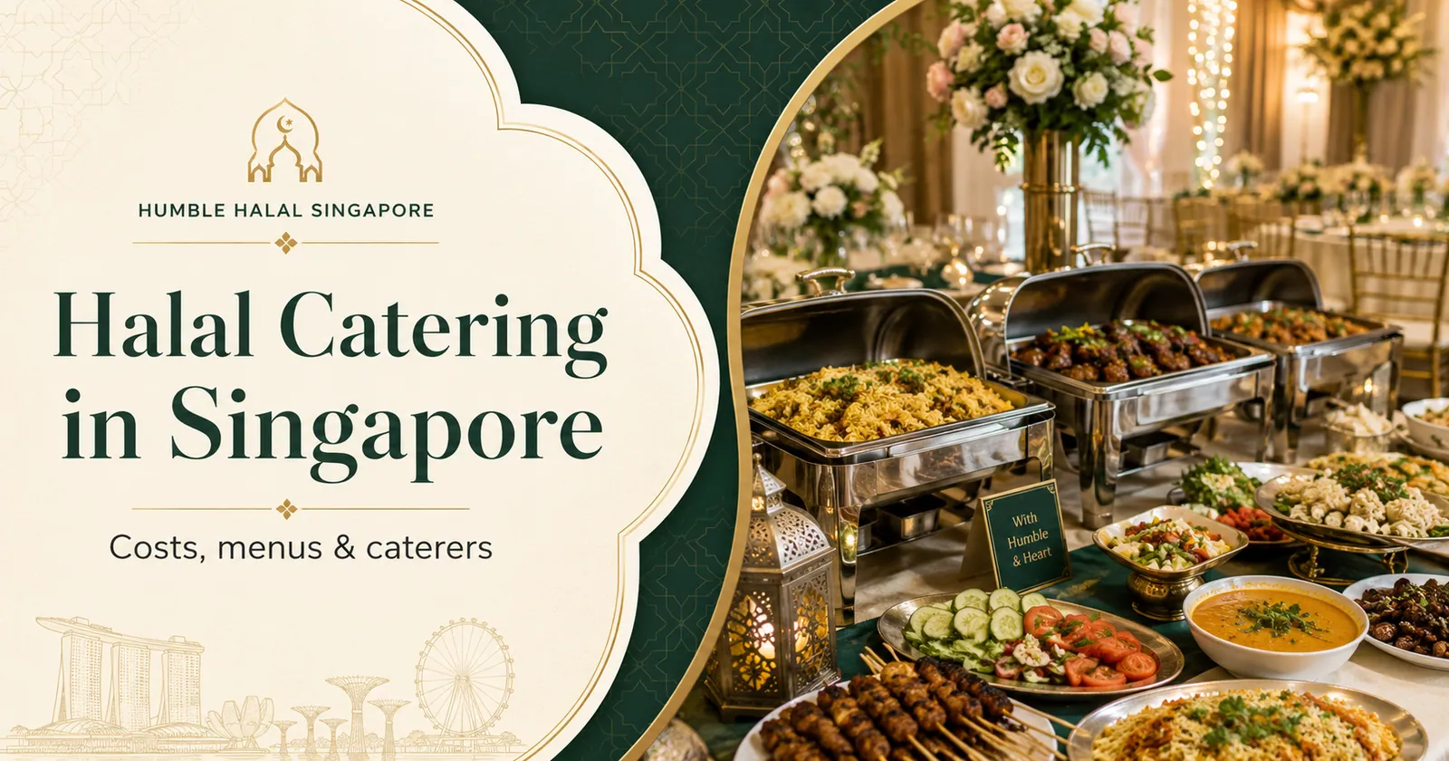 Halal catering buffet with chafing dishes and satay set up at a Singapore event