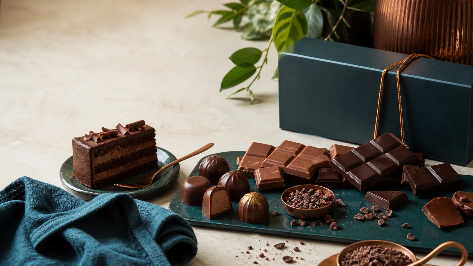 Halal dark and milk chocolate bars, pralines and cake on a refined cream and teal table