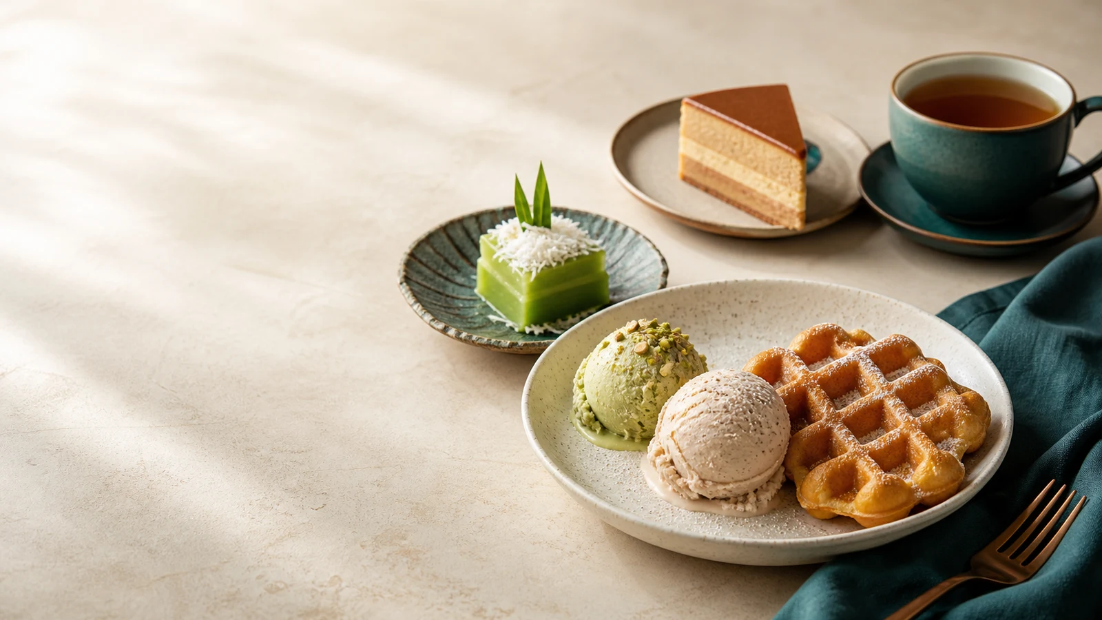 Halal gelato, waffles, cake and local desserts arranged on a cream table in Singapore