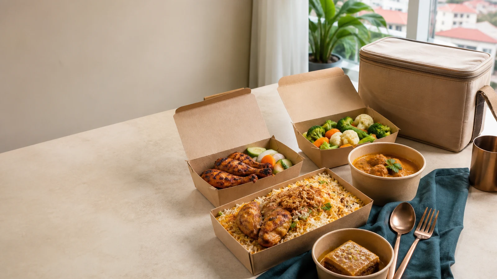 Halal Singapore dishes in neat delivery boxes on a warm cream table