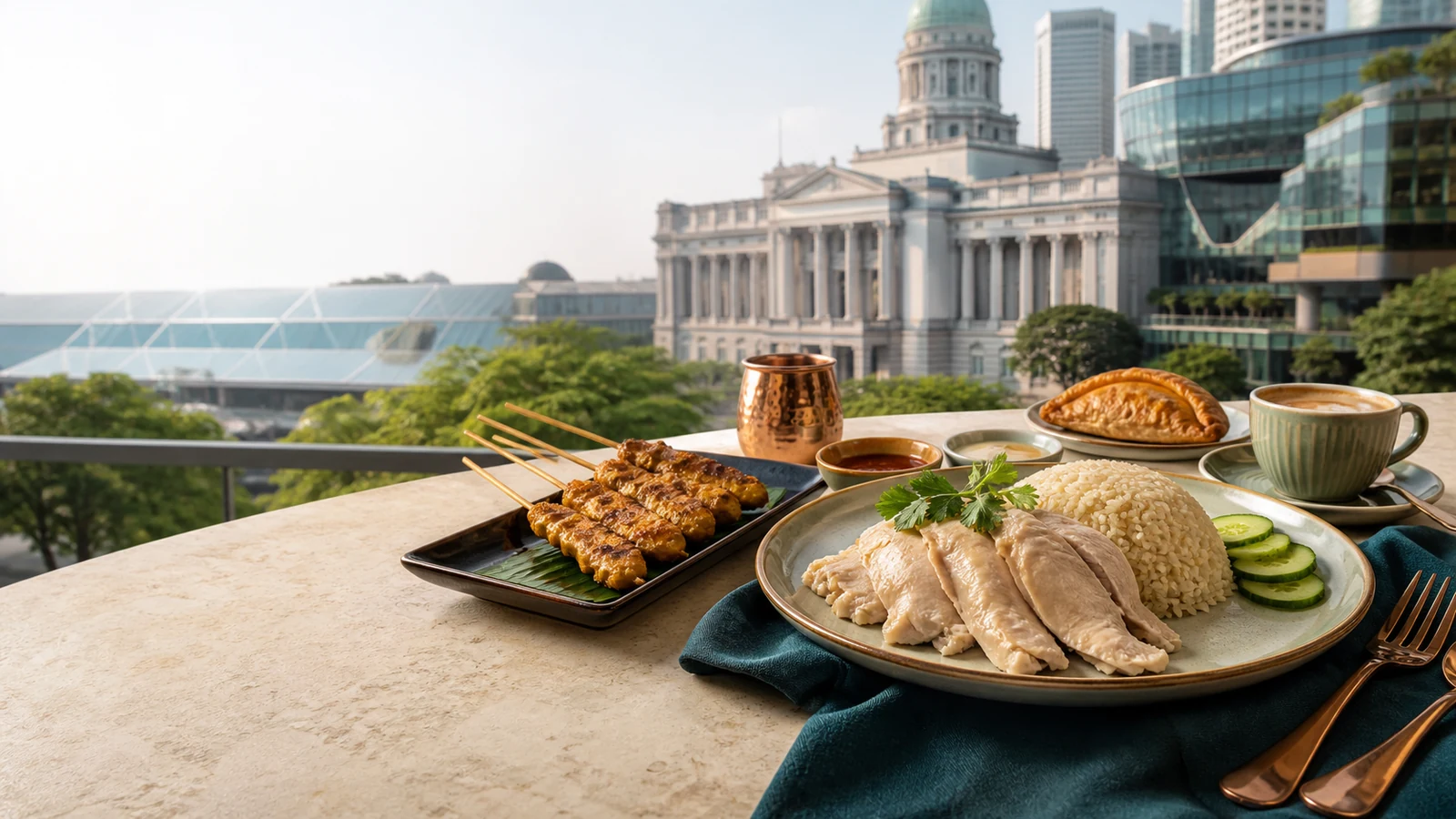 Chicken rice, satay and café food overlooking Singapore's City Hall civic district