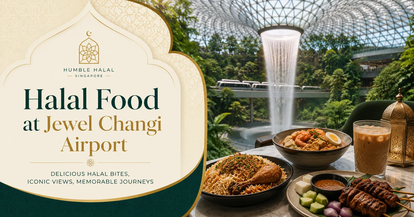 Halal local dishes served in front of the Rain Vortex waterfall at Jewel Changi Airport