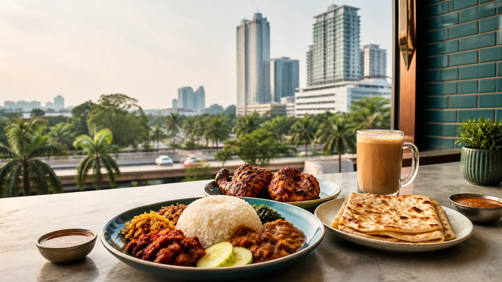 Illustrative spread of nasi campur, grilled chicken, roti and tea