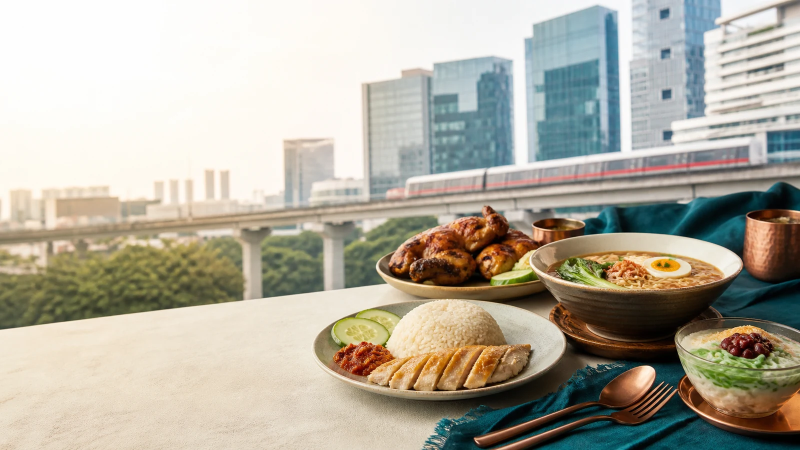 Halal chicken rice, grilled chicken, noodles and dessert beside Jurong East MRT