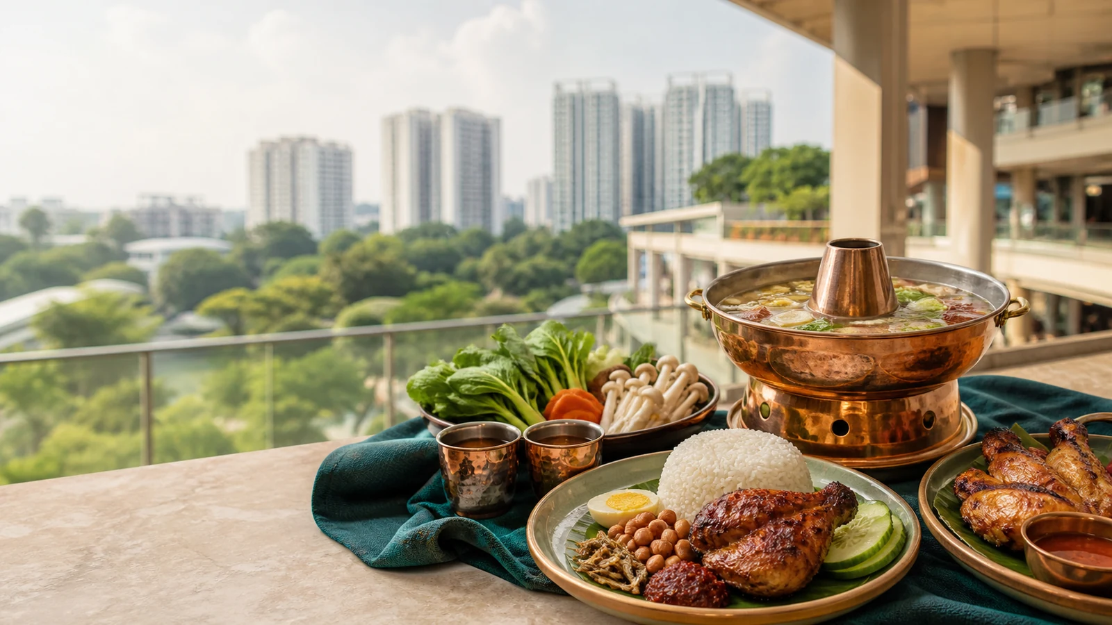 Hotpot, nasi lemak and grilled chicken at a northern Singapore mall