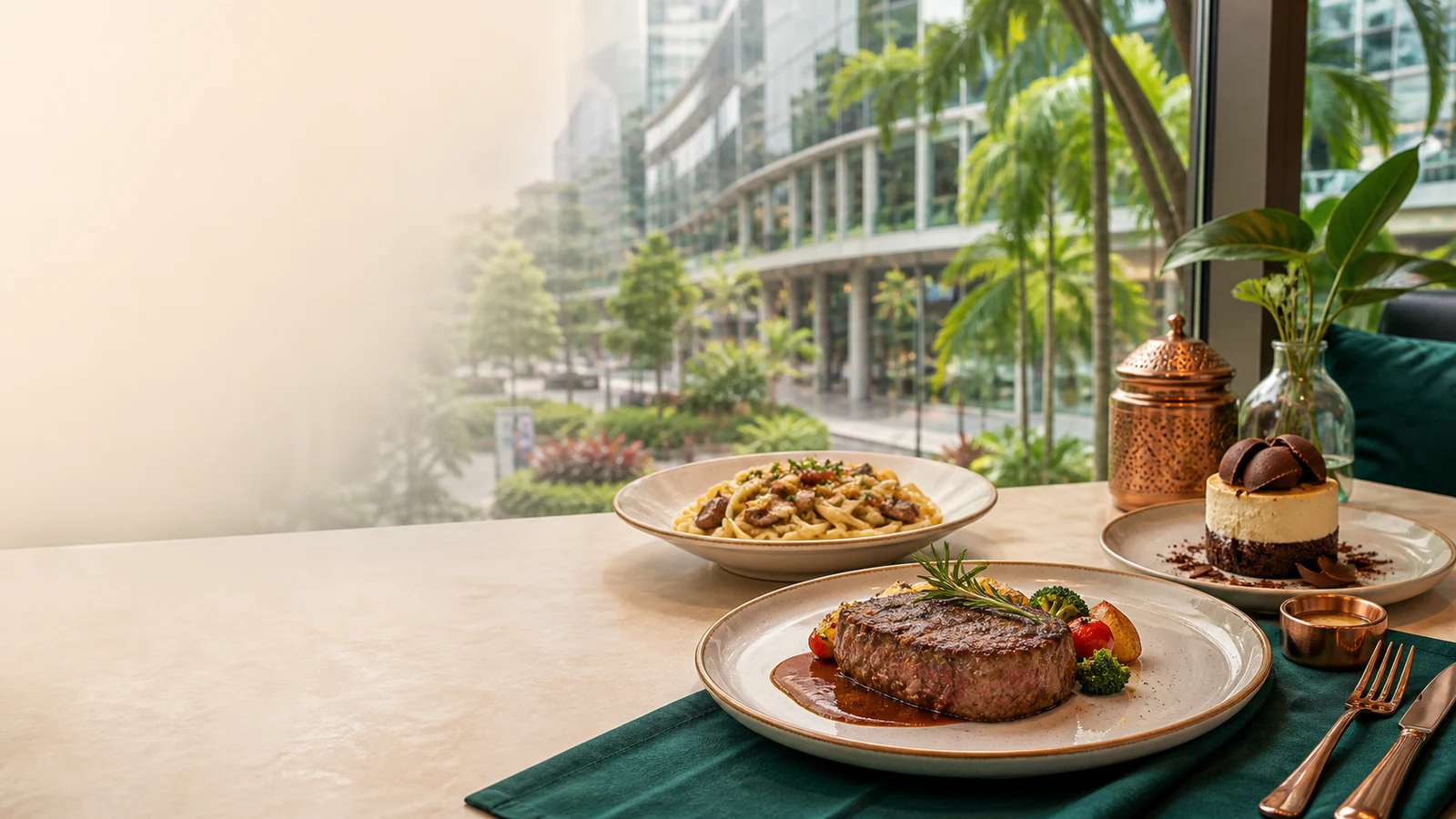 Steak, pasta and dessert beside the tropical shopping streetscape of Orchard Road