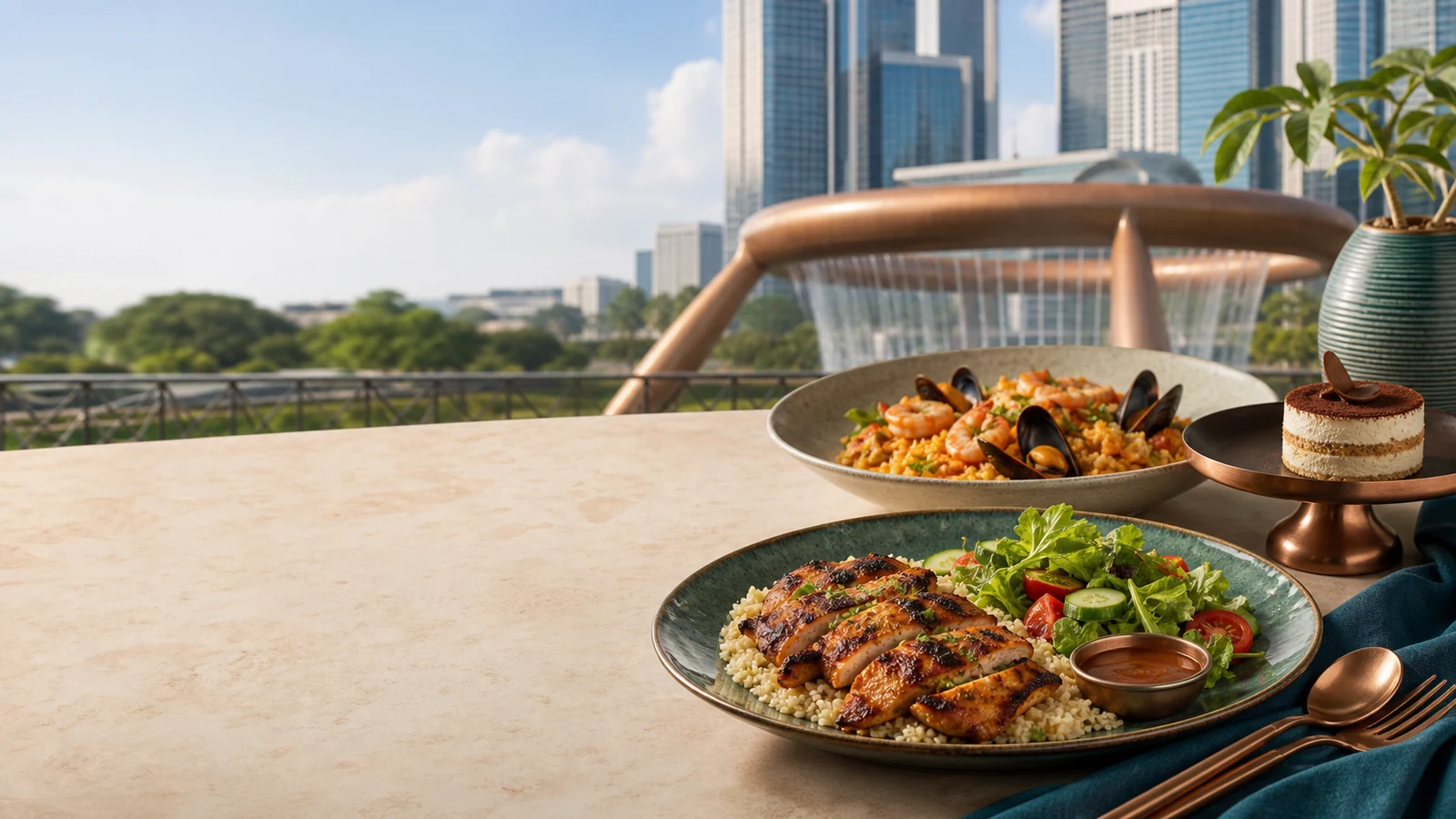 Grilled chicken, seafood rice and dessert near the Fountain of Wealth at Suntec City