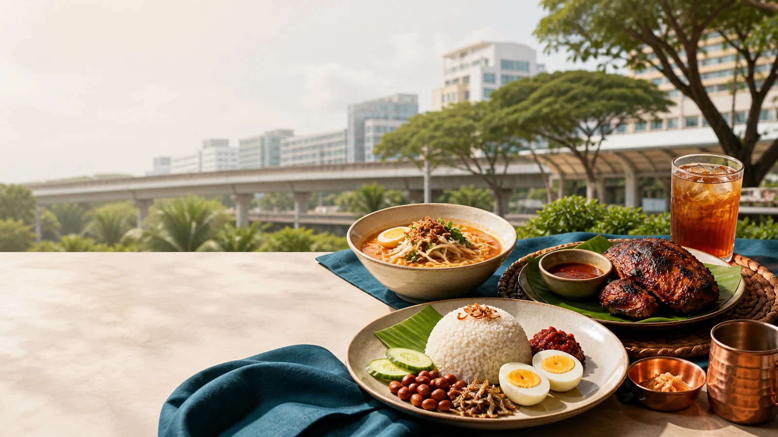 Nasi lemak, mee rebus and grilled chicken beside the Tampines town centre