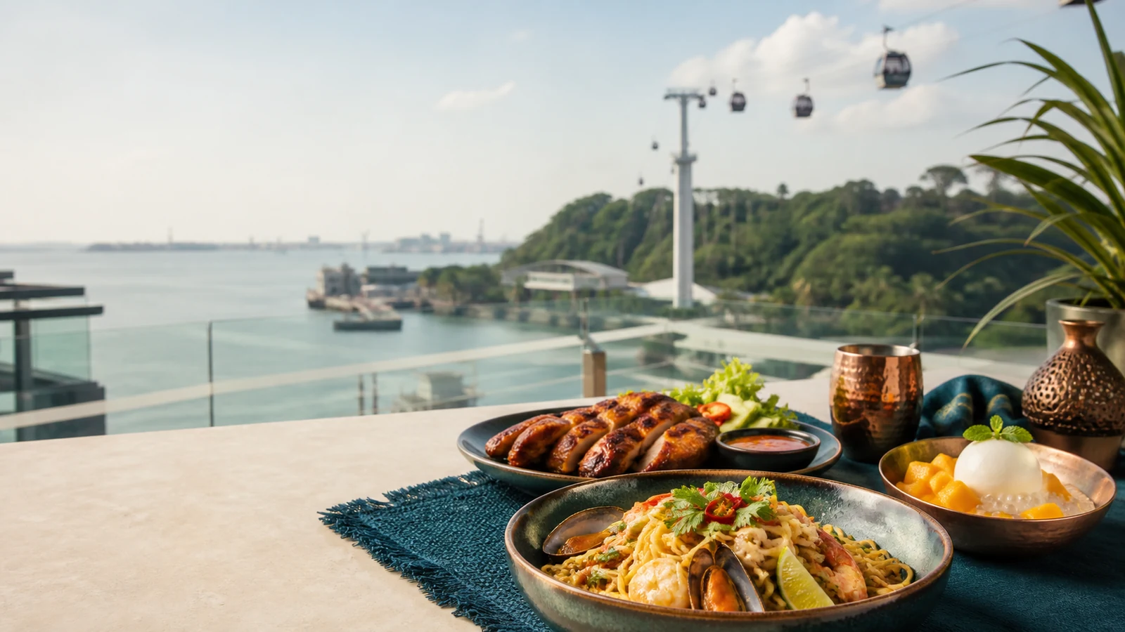 Seafood noodles, grilled chicken and tropical dessert overlooking HarbourFront and Sentosa