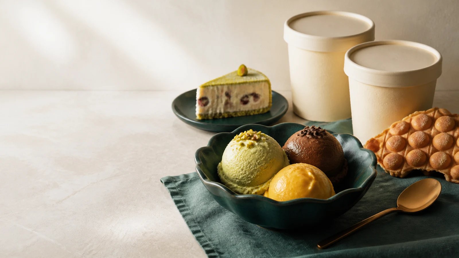 Halal gelato scoops, mochi waffles and sealed ice cream pints in a Singapore dessert setting