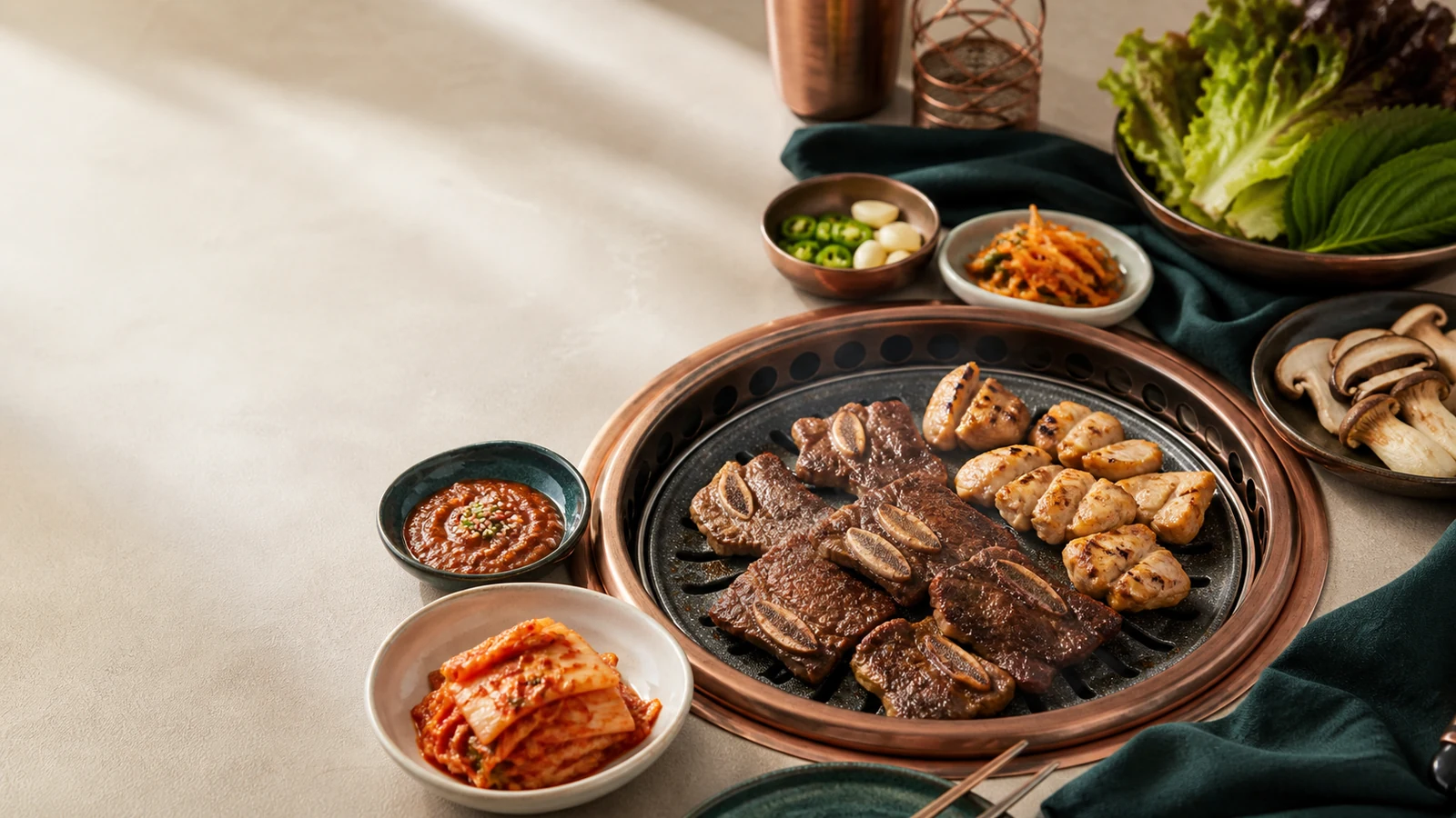 Korean barbecue grill with beef short ribs, chicken, kimchi, lettuce and banchan