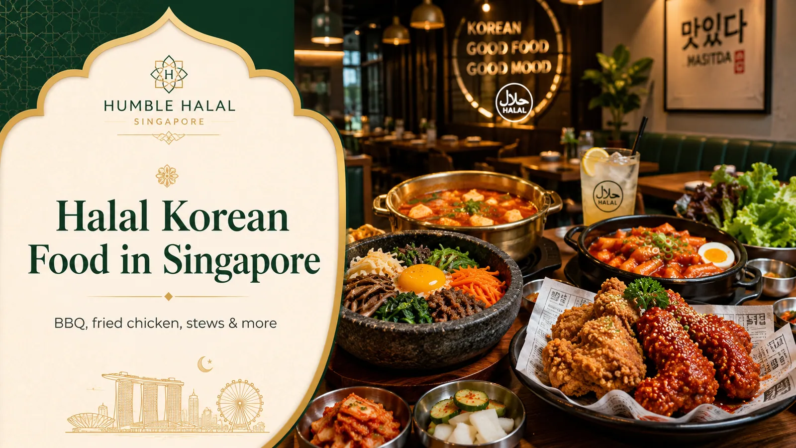 Halal Korean spread of bibimbap, fried chicken, tteokbokki and stew at a Singapore restaurant