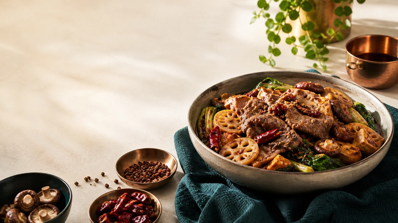 Halal mala xiang guo with beef, lotus root, mushrooms, tofu, greens and dried chillies