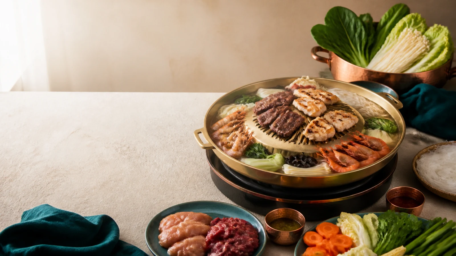 Thai mookata grill with chicken, beef, prawns, vegetables and noodles