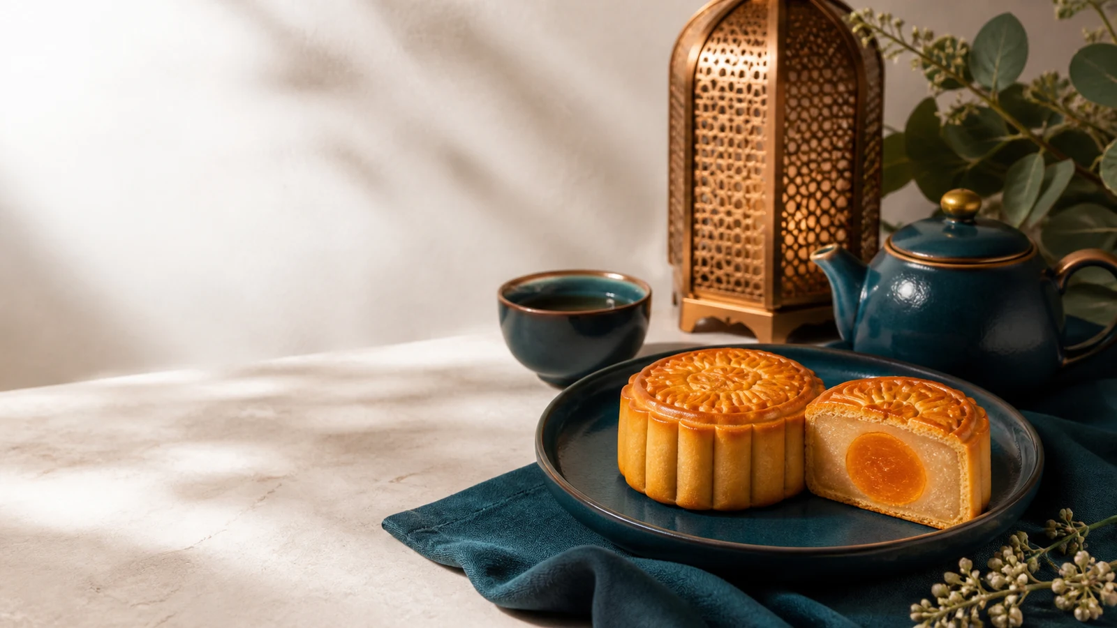 Halal baked mooncakes with lotus paste and tea in an elegant cream, teal and gold setting