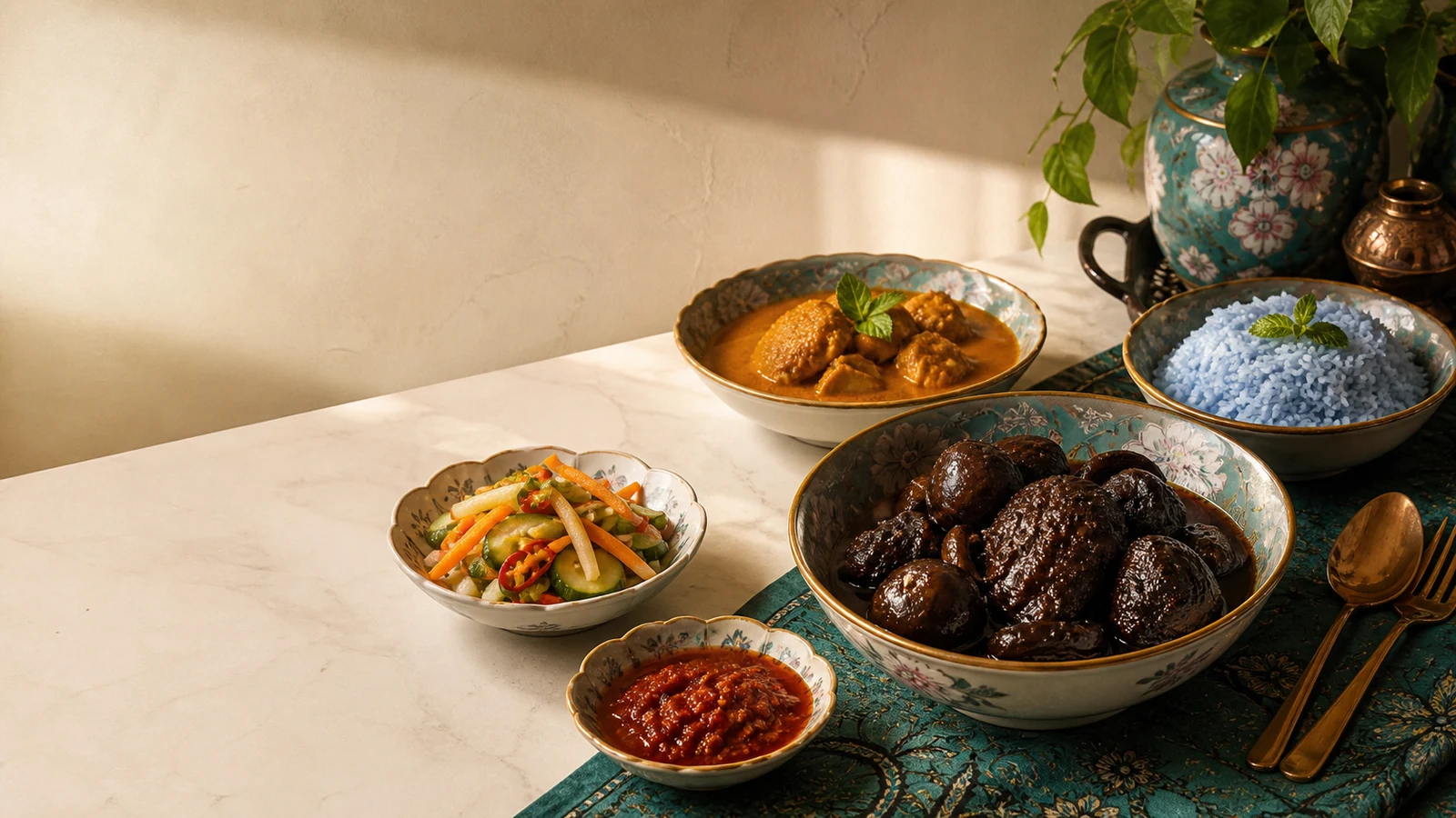 Halal Peranakan dishes including ayam buah keluak, kari kapitan, achar and blue rice