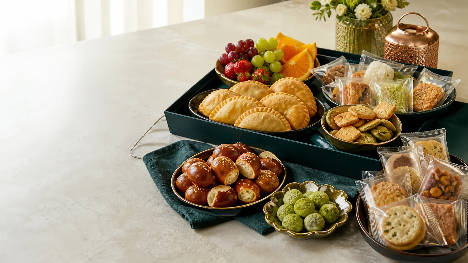 A colourful spread of halal Singapore snacks, pretzels, cookies and savoury bites