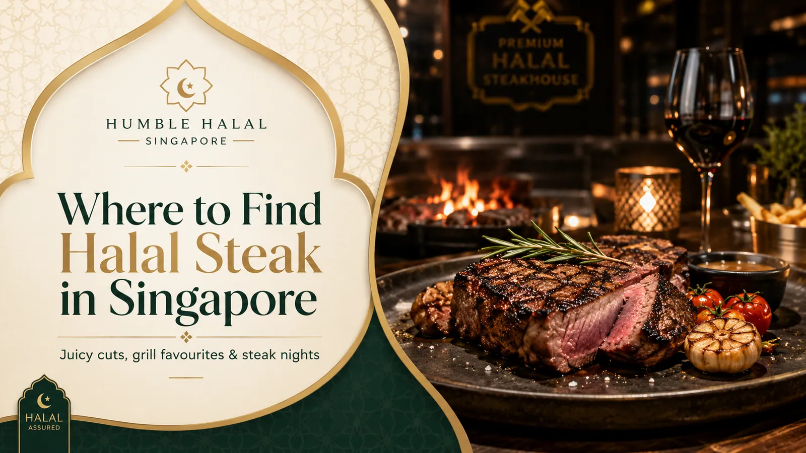 Grilled halal steak sliced to show a medium centre at a Singapore steakhouse