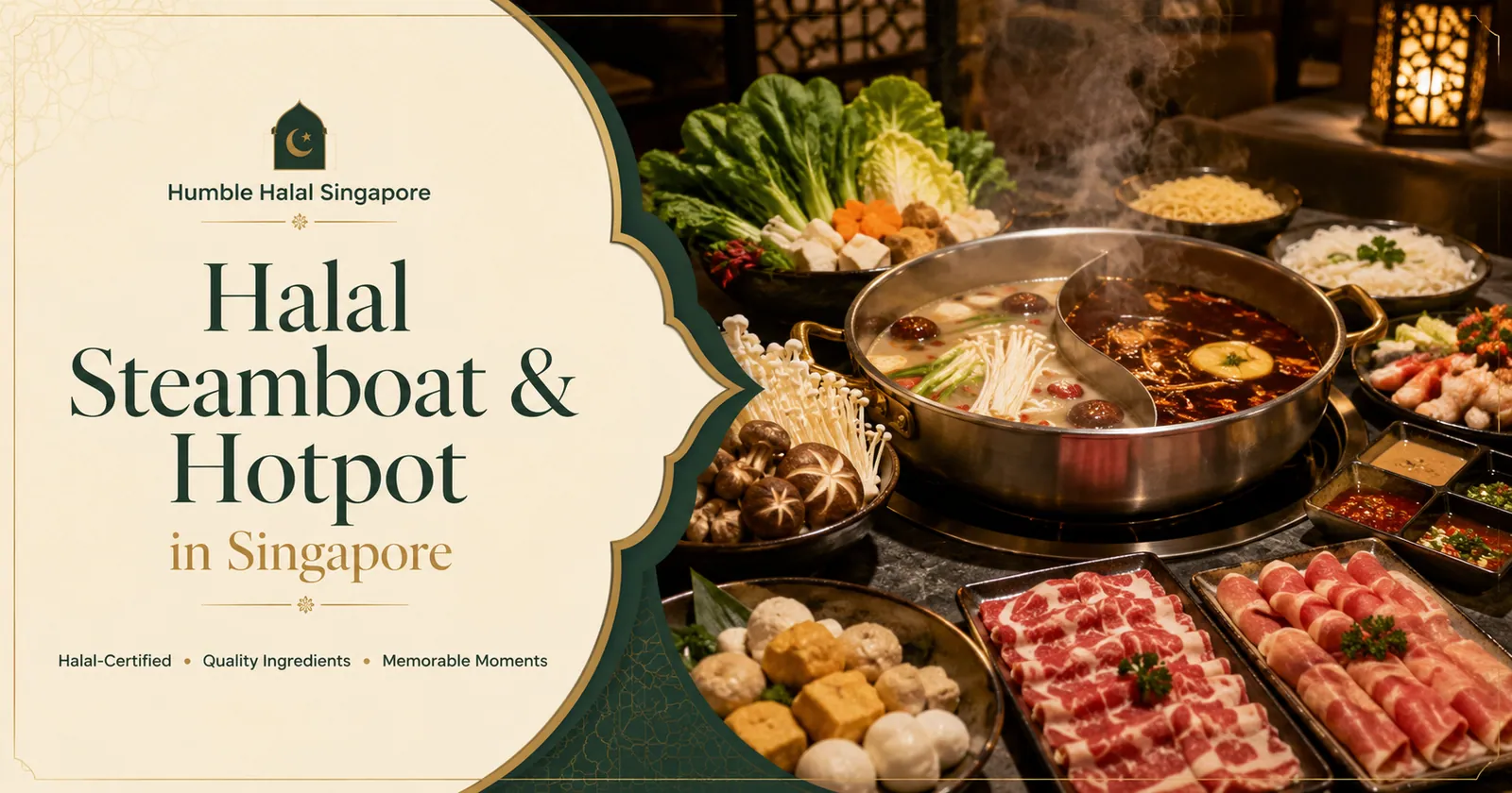 Halal steamboat hotpot with sliced meat, seafood and vegetables in Singapore