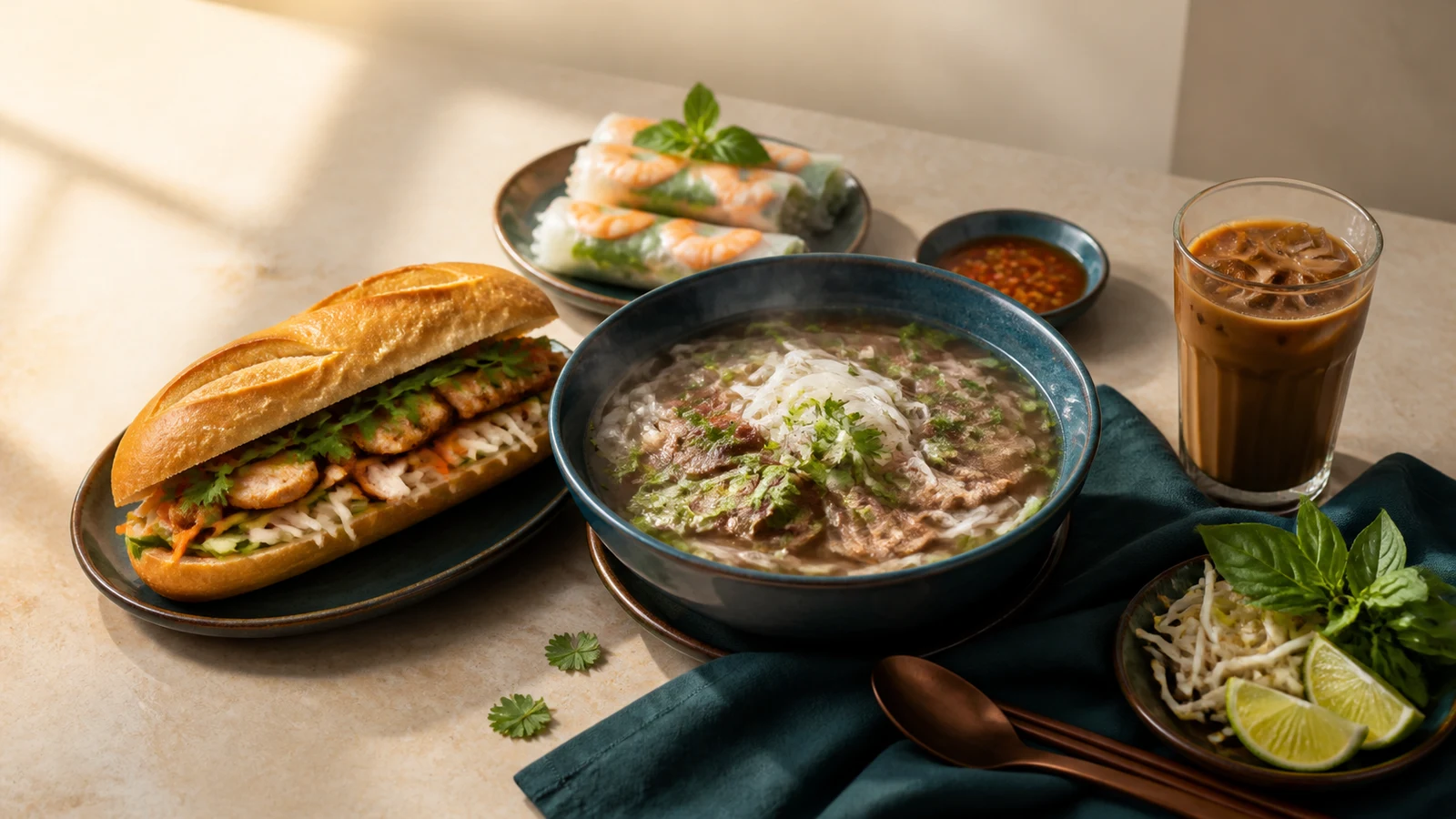 A halal Vietnamese spread with pho, banh mi, spring rolls, herbs and iced coffee