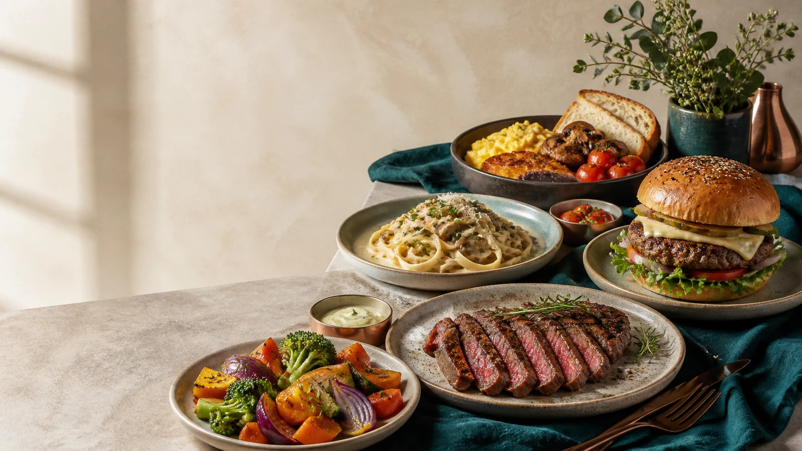 Halal Western spread of grilled steak, beef burger, pasta, vegetables and brunch sides
