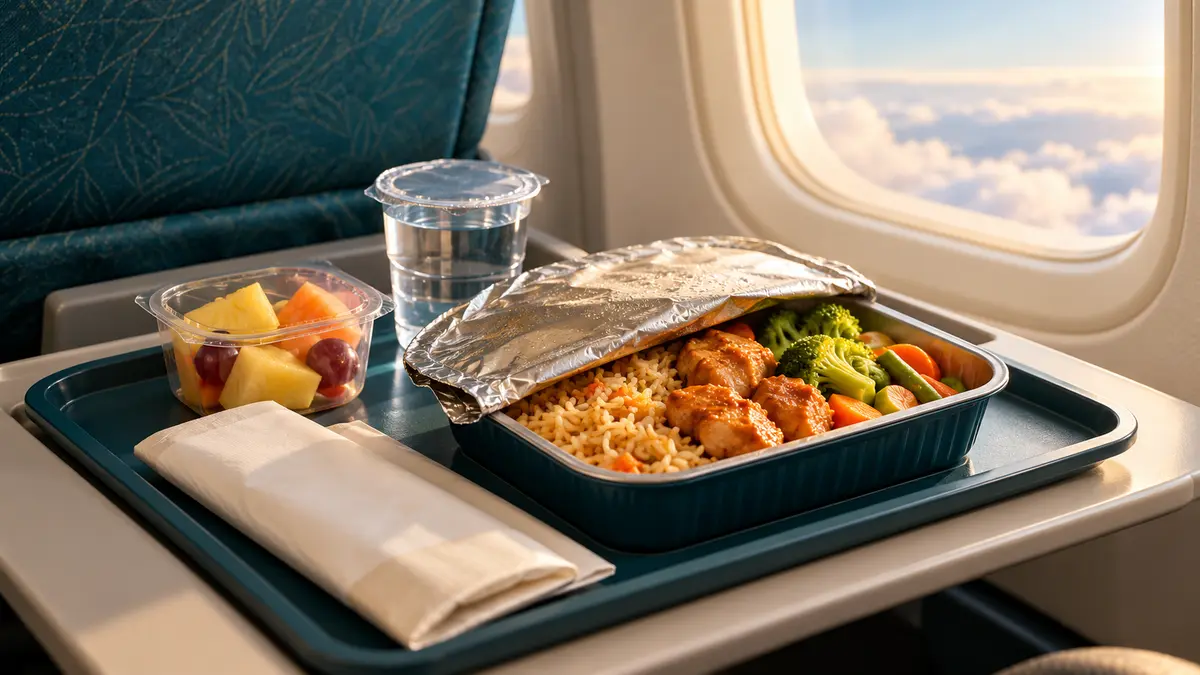 Illustrated meal tray beside an airplane window