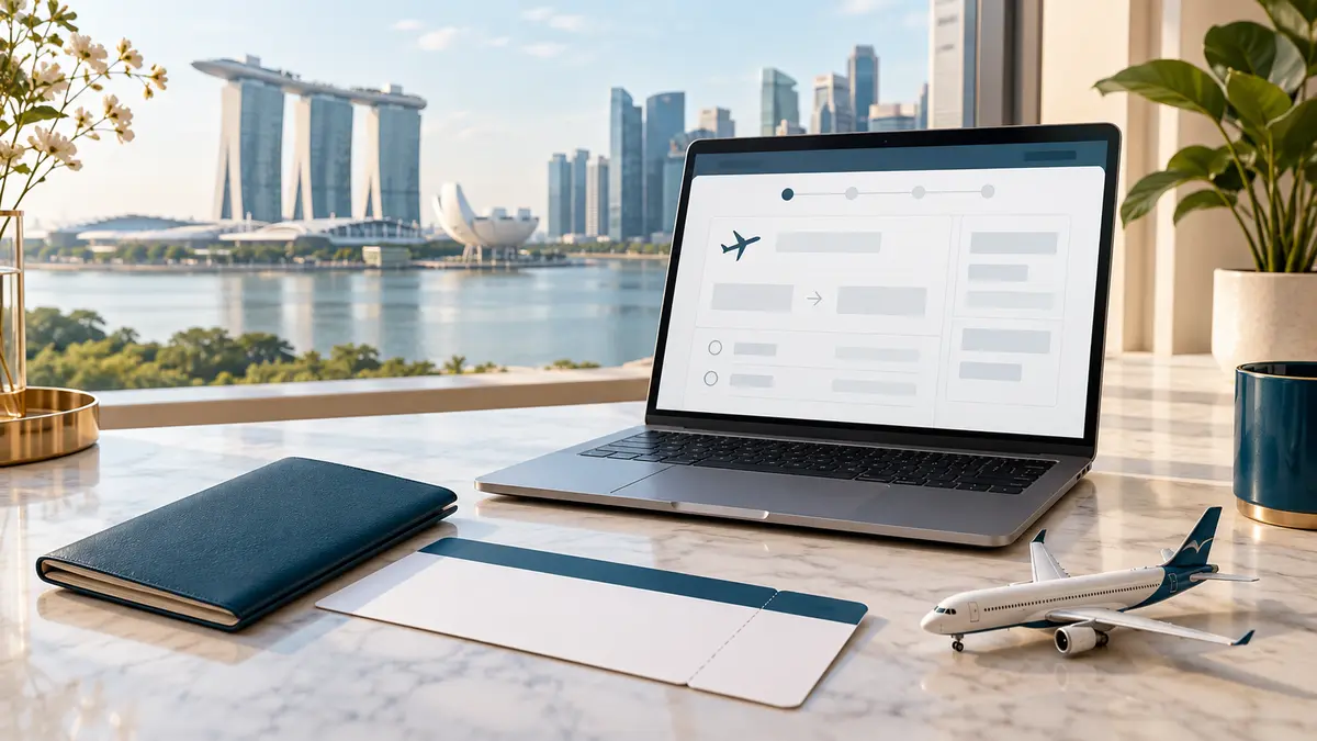 Illustrated flight planning with passport, laptop and model aeroplane