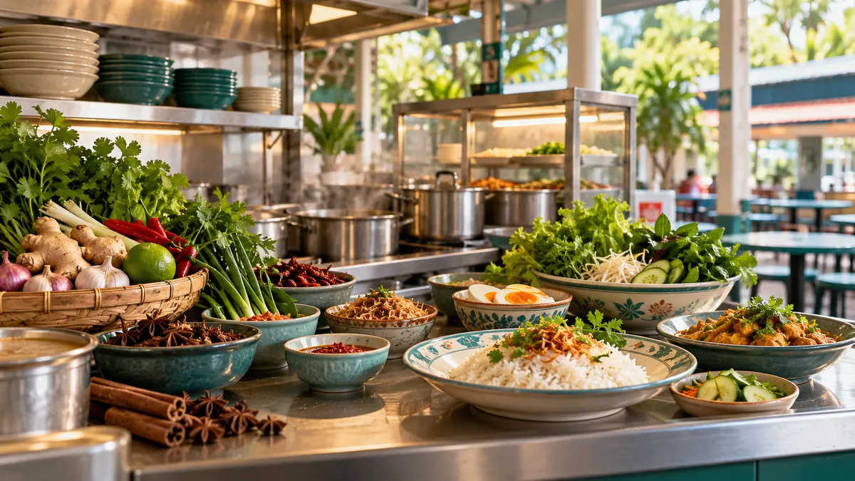 Illustrated Singapore-style hawker counter with food and herbs