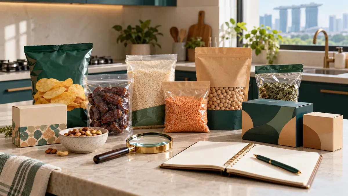 Illustrated unbranded groceries, magnifying glass and notebook