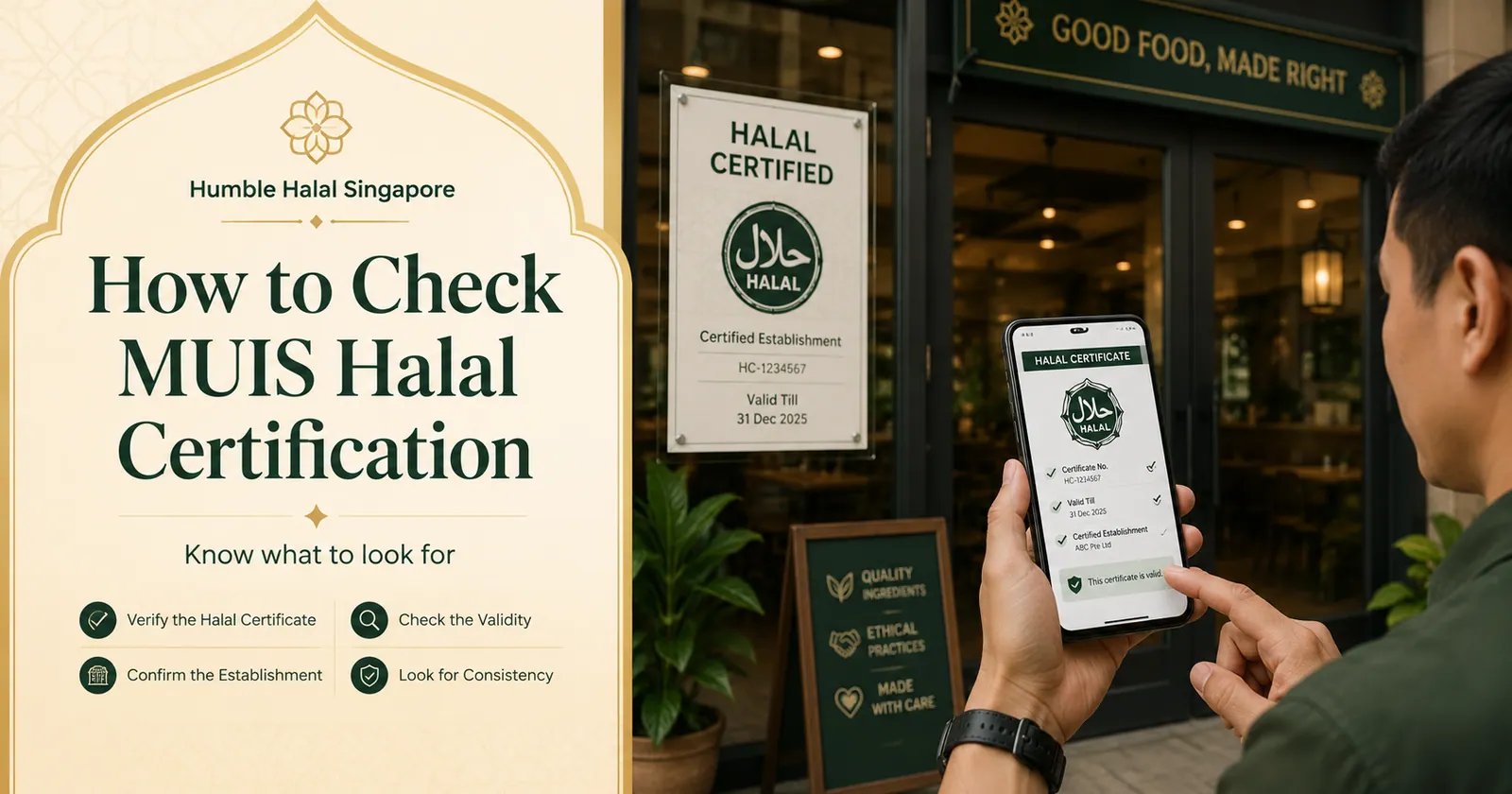 Checking a restaurant's MUIS halal certificate on a phone outside a Singapore eatery