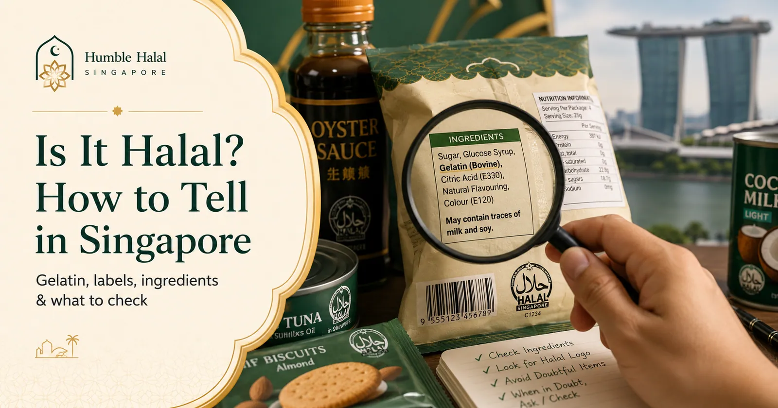 Using a magnifying glass to check a snack's ingredient list for halal status in Singapore