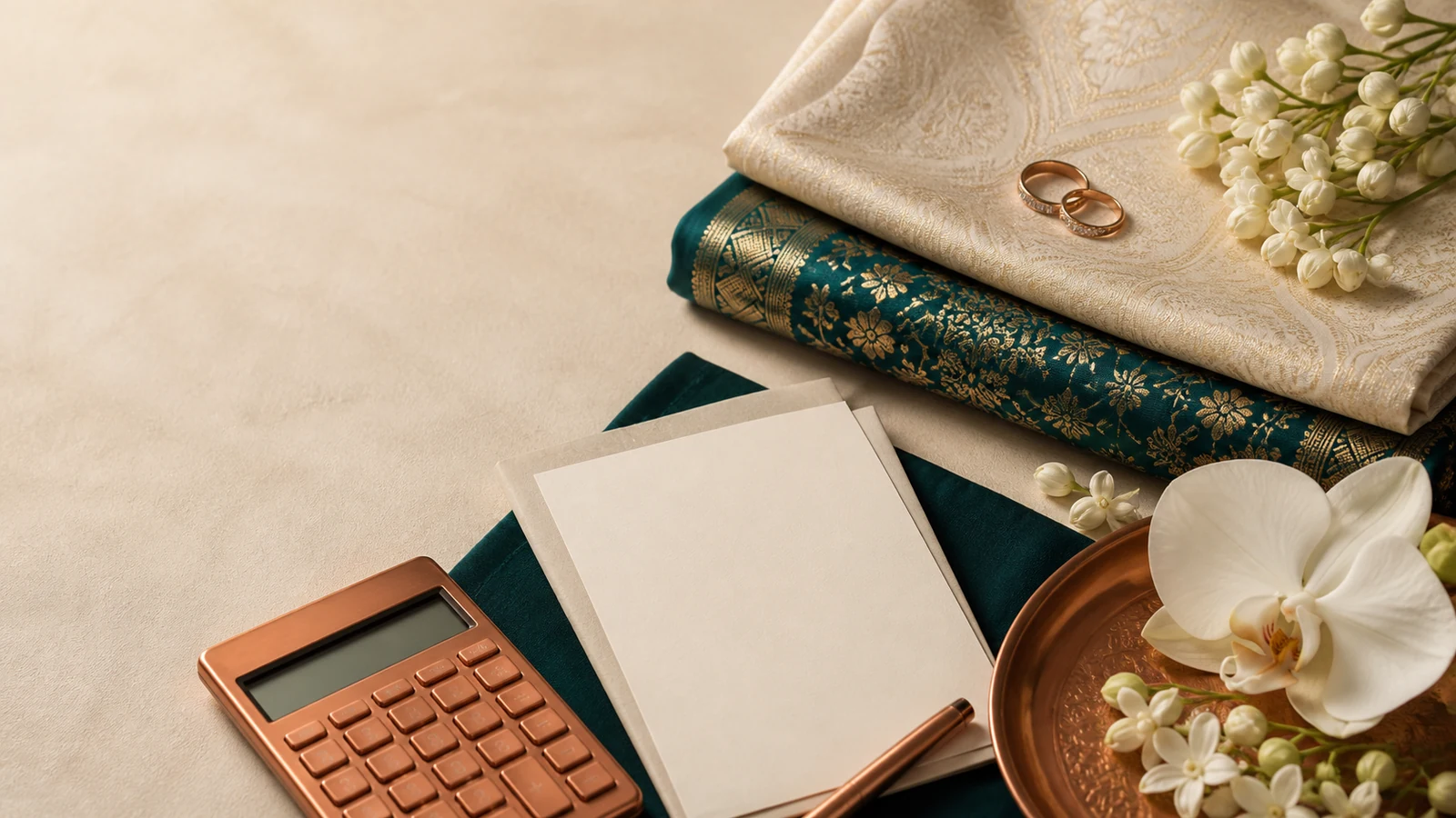 Malay wedding budget planning with songket, rings, flowers, stationery and a calculator
