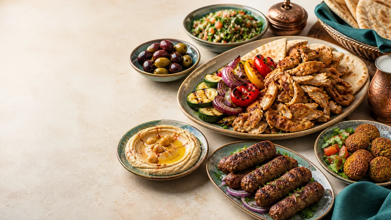 Mediterranean spread of chicken shawarma, lamb kofta, hummus, falafel and flatbread