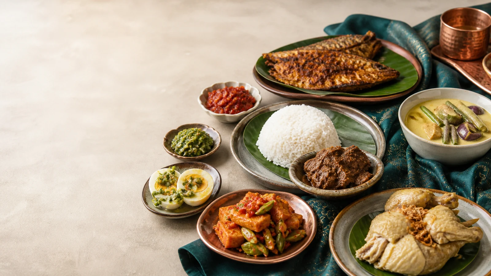 Nasi padang spread with rice, beef rendang, grilled fish, chicken, vegetables and sambal