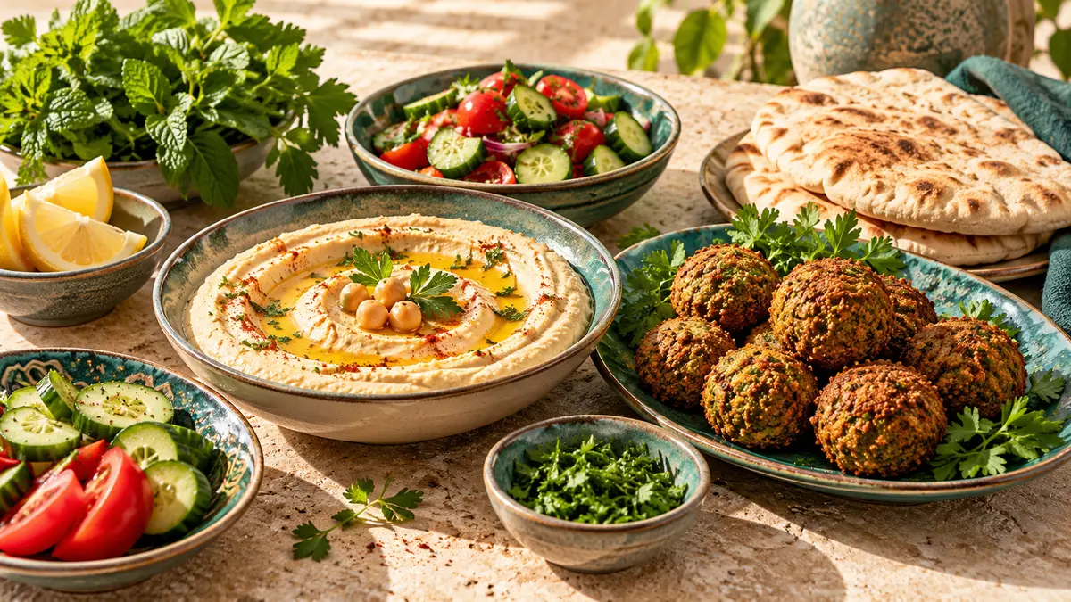 Illustration of hummus, falafel, pita, cucumber, tomato and herbs