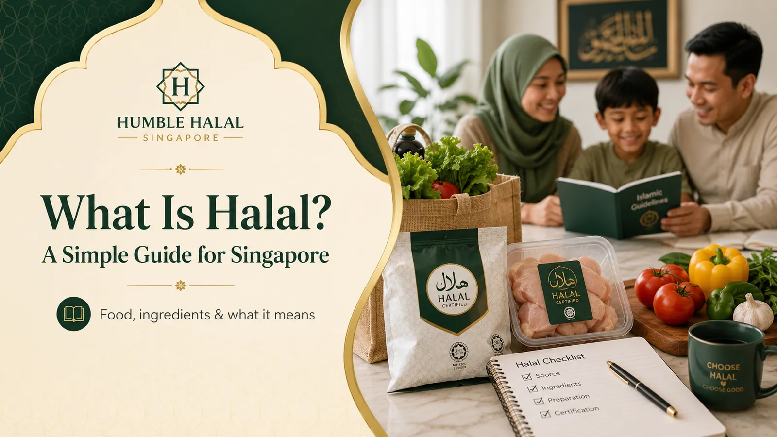 Muslim family reading Islamic guidelines beside MUIS halal-certified groceries in Singapore